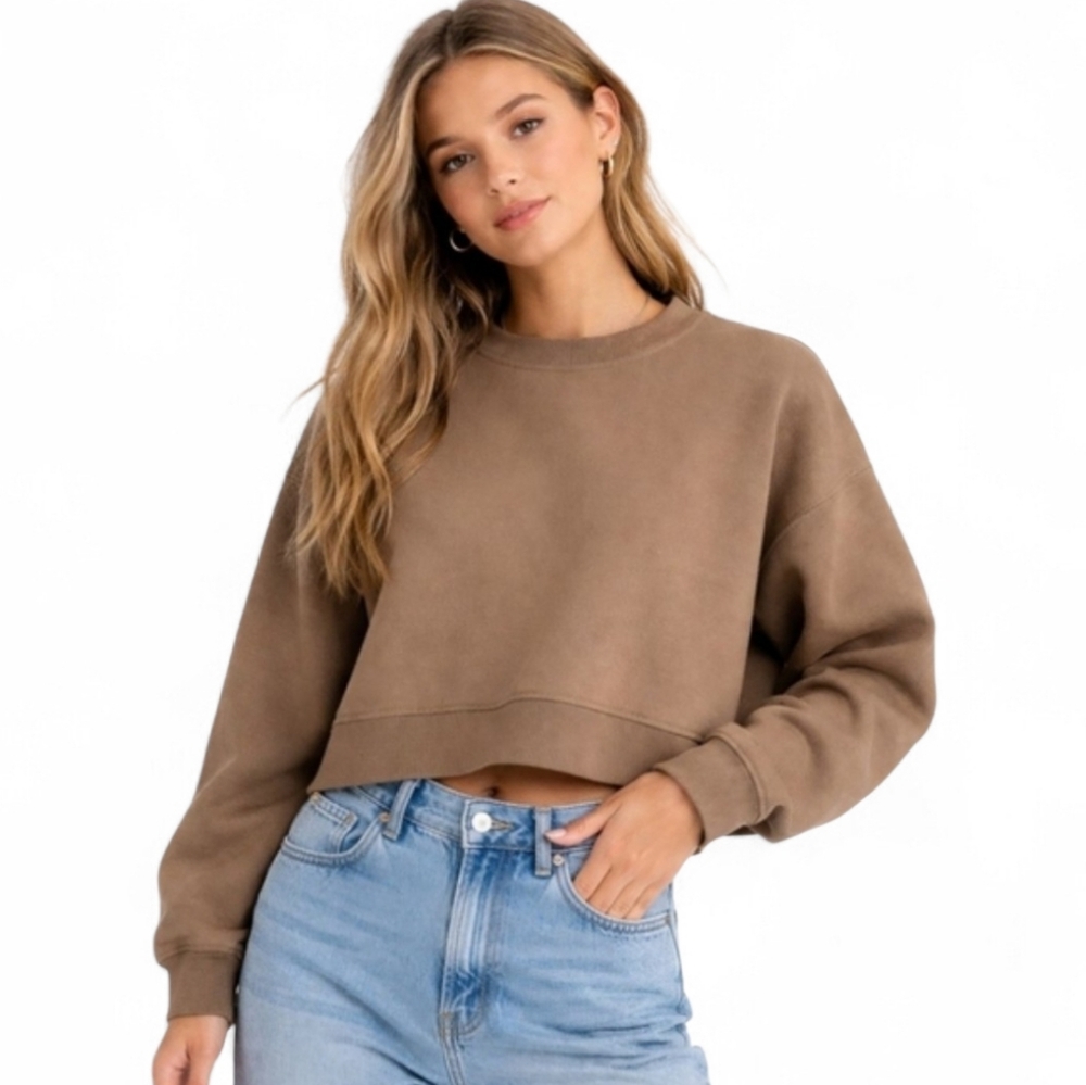 Zara Tan Fleece Inside Boxy Cropped Ribbed  Sweatshirt Top Neutral Size Large